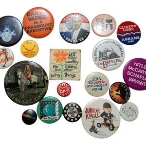 Vintage  Lady Godiva Horse "Keith Haring" buttons +political Ford Model, peace